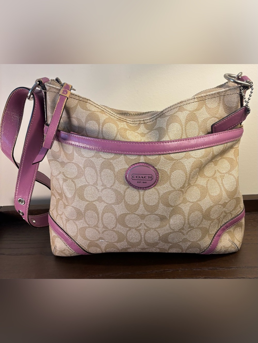 Coach Beige Signature Canvas Shoulder Bag with Pink Trim